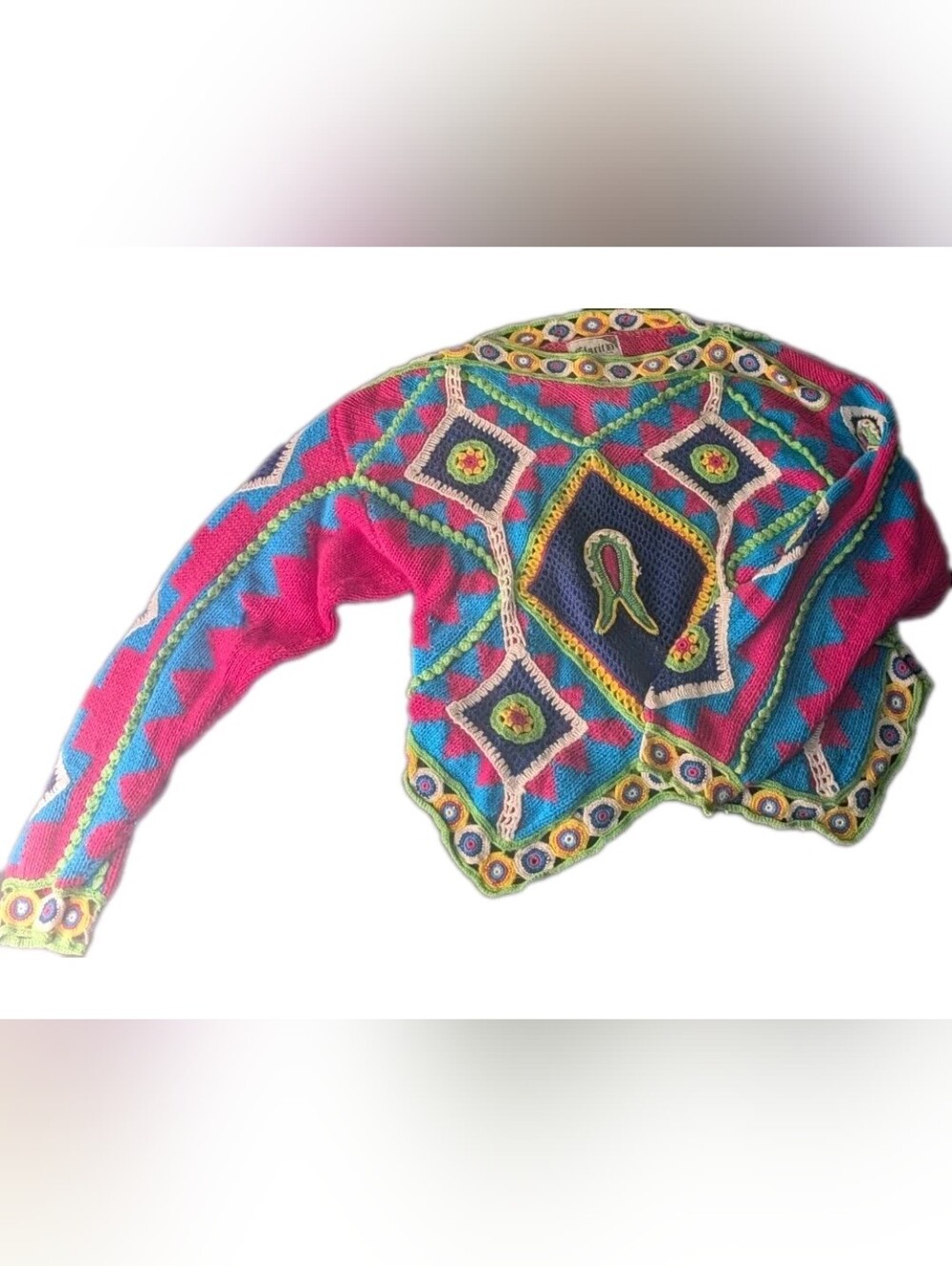 Colorful Handcrafted Geometric Knit Cardigan - Pink & Blue